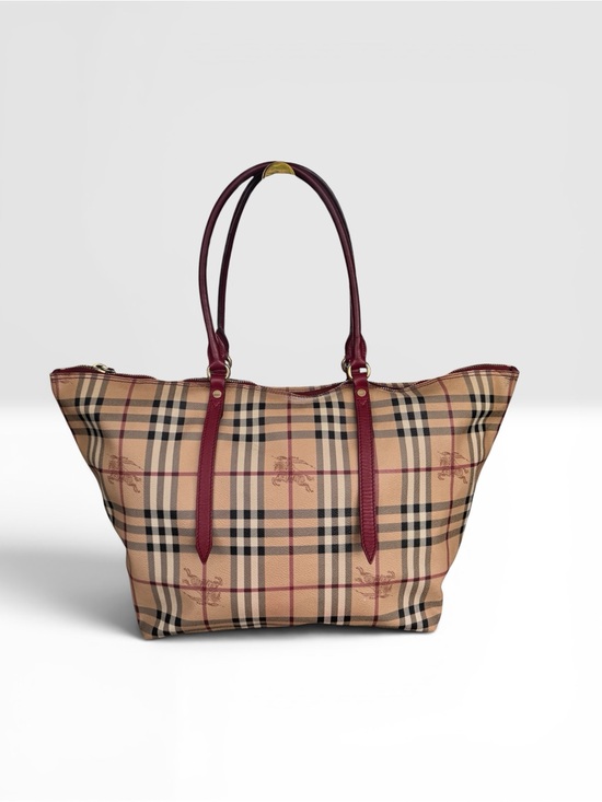 Handbags - Burberry haymarket Check Tote with Burgundy Leather Handles